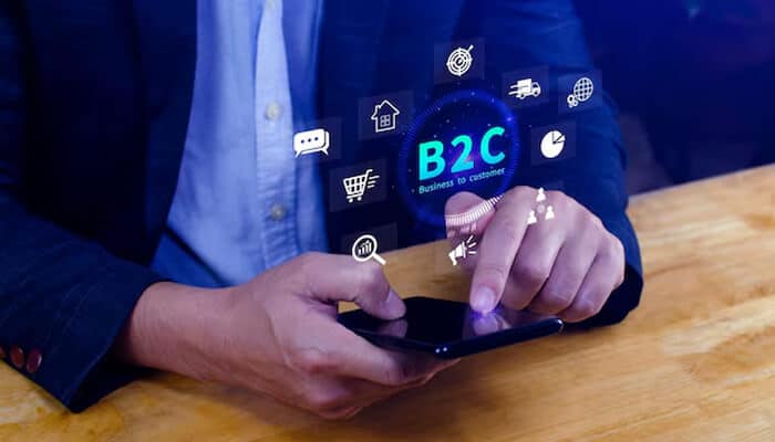 B2C business for sale concept, highlighting digital connections between businesses and consumers through modern technology and online platforms.