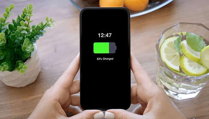 Close-up of a smartphone showing 47% battery life, with a plant and water in the background, representing efficient 5G mobile multi-tabling without draining the battery
