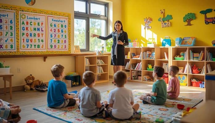 Teacher leading a classroom of young children in a kindergarten in Melbourne, focusing on early childhood learning and development