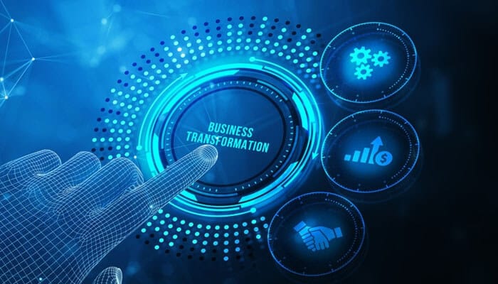 Digital concept highlighting business transformation, focusing on advanced technology and processes, ideal for understanding the impact of AIM vs Prosci in transformation.