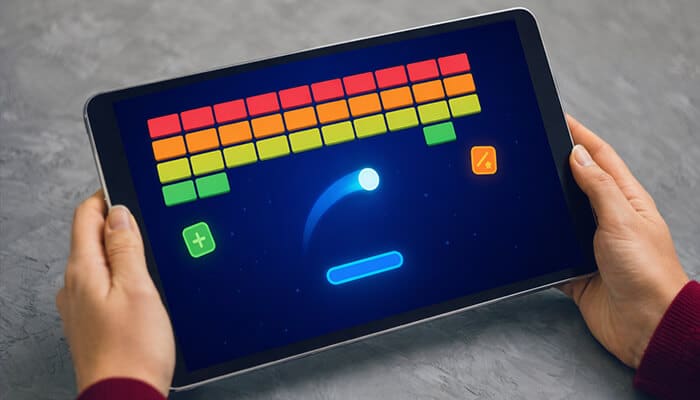 Google Doodle Block Breaker block interaction shown on a tablet screen, with a bouncing ball hitting colorful blocks and a paddle controlled by touch gameplay.