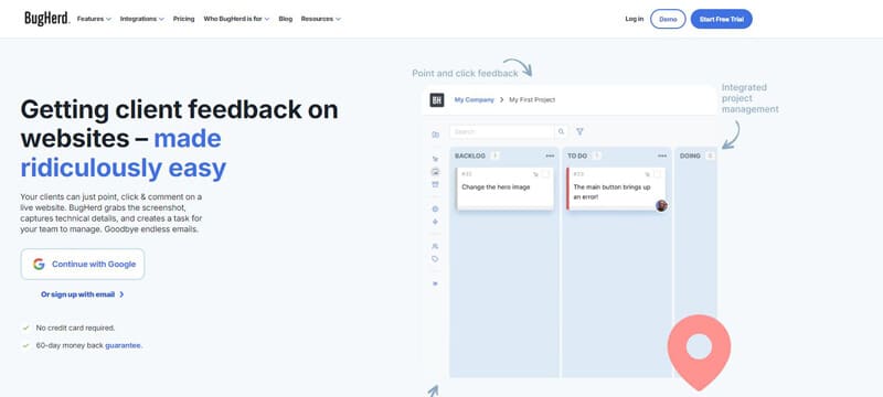 BugHerd client-side commenting system for websites, enabling easy point-and-click feedback for project management.