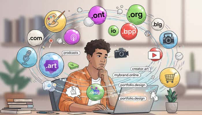 A person considering various Niche TLDs like .art, .design, .blog, .io, and .online, illustrating the growing importance of specialized domain extensions for personal branding and creators.