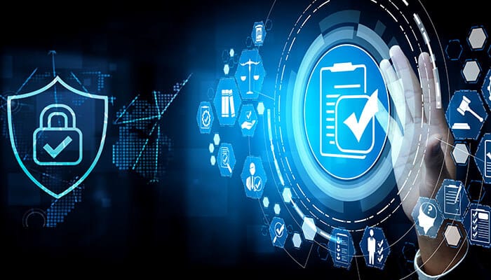 Digital shield and secure file verification icon representing Slack Data Privacy and protection of user information in cloud communication platforms