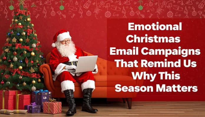 Emotional Christmas Email Campaigns illustrated with Santa reading a holiday email beside a decorated Christmas tree