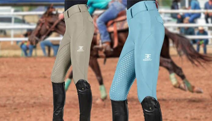 Modern equestrian pants in beige and blue, featuring a perforated design and providing comfort and performance for riders