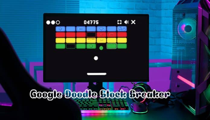 Google Doodle Block Breaker arcade-style gameplay displayed on a computer screen, featuring colorful bricks, a paddle, and a retro gaming setup in a dark neon-lit environment.