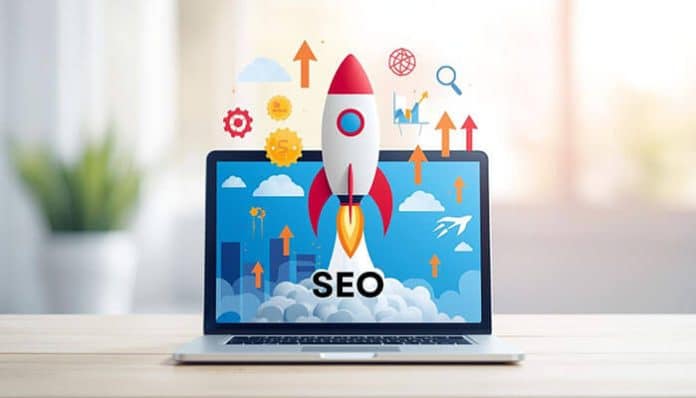 A visual of a rocket launching with SEO displayed prominently, symbolizing the power of SEO for Bootstrapped Startups to accelerate growth without a big budget.