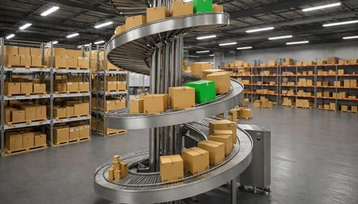Spiral conveyors moving packaged goods between levels in an automated warehouse facility