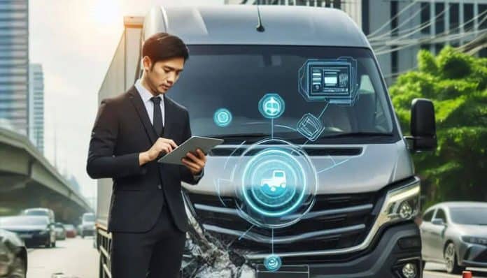 Company Vehicle Crash management using telematics and digital reporting tools, showing a fleet manager assessing vehicle data after an incident