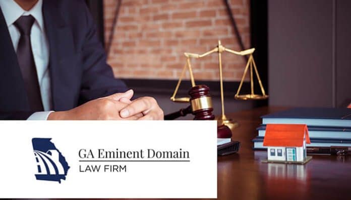 GA Eminent Domain Law Firm logo with a legal gavel, scales of justice, and a model house, symbolizing the firm’s expertise in securing fair compensation for property owners