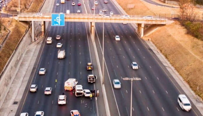 Highway accident scene showing multiple cars involved in a crash, relevant to highway accident claims