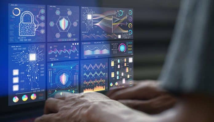 Hands typing on a laptop with cybersecurity dashboards highlighting Slack Data Privacy monitoring, risk detection, and secure data complianc