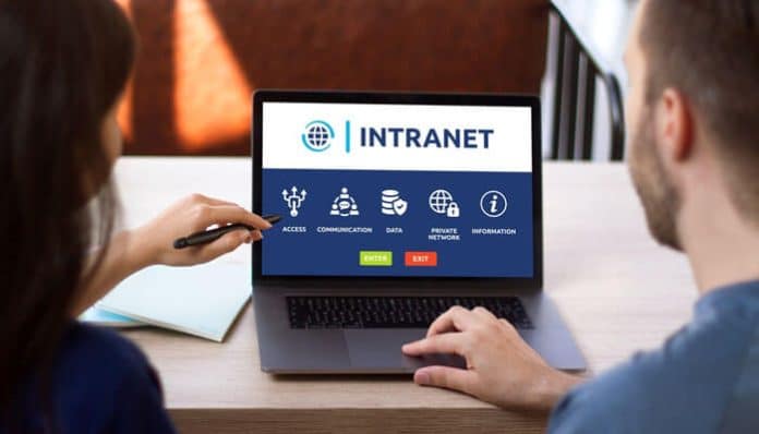 Employee intranet dashboard displayed on laptop supporting internal communication and collaboration