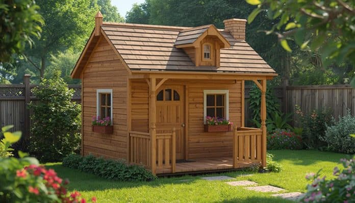Wooden cubby house in a backyard garden designed for safe outdoor play