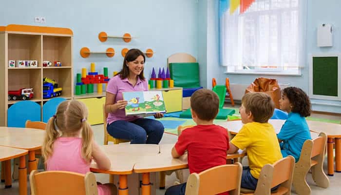 Educator reading a story to children in a kindergarten in Melbourne, encouraging literacy and social interaction in a bright, engaging environment