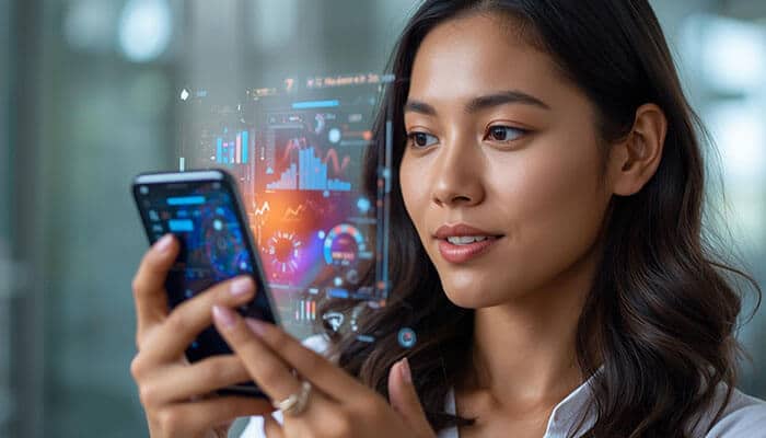 A woman interacting with a mobile device displaying real-time data and analytics, showcasing how field service CRM integrates data and enhances decision-making in the field