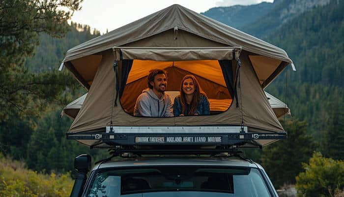 Safer Sleeping Environment - Startupeditor | Startup Editor Buying a Rooftop Tent for adventure travel, showing a couple relaxing inside a rooftop tent mounted on a vehicle in a scenic mountain landscape