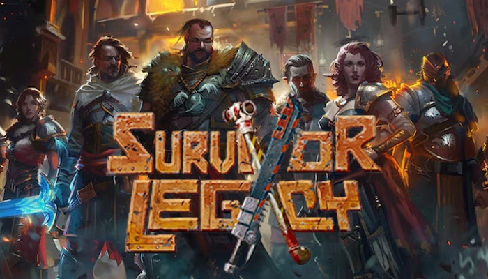 The poster for Survivor Legacy, an addicting game featuring heroic characters in a post-apocalyptic world, ready for action and survival