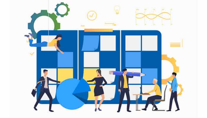 Illustration of a team collaborating on business processes, symbolizing the use of the best ERP software for nonprofits to streamline operations and improve efficiency.