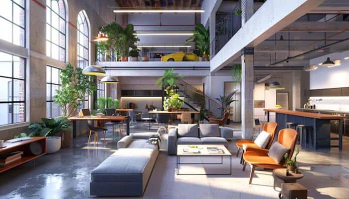 A modern commercial space with expansive windows, natural light flooding the interior, showcasing the concept of daylighting for commercial success in a spacious, open-plan design.