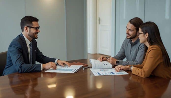 Fee-Only Fiduciary Advisors in Santa Monica meeting with clients at a professional office table to discuss transparent investment planning and financial documents