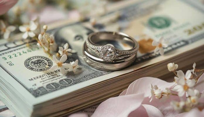 Engagement Ring Purchases featuring a close-up of an engagement ring on top of dollar bills symbolizing the financial aspects of buying an engagement ring.