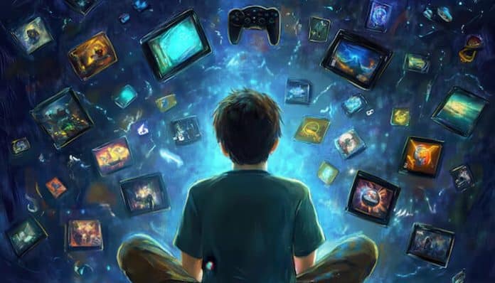 A young player immersed in the world of addicting games, surrounded by virtual screens showcasing various gaming adventures and quests