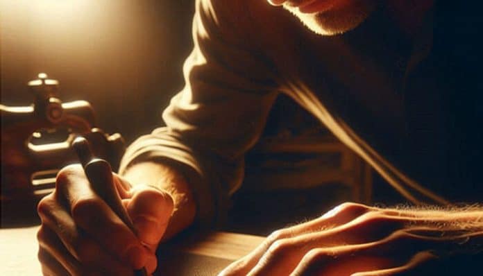 Close-up of a person writing on paper in a dimly lit environment, capturing the essence of craftsmanship in a modern luxury brand