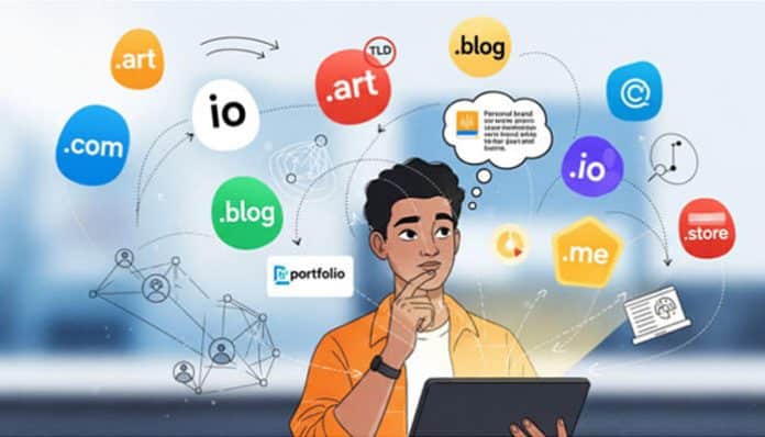 A person contemplating various Niche TLDs like .com, .io, .blog, and .art, representing the growing trend of specialized domain extensions for personal branding and tech creators.