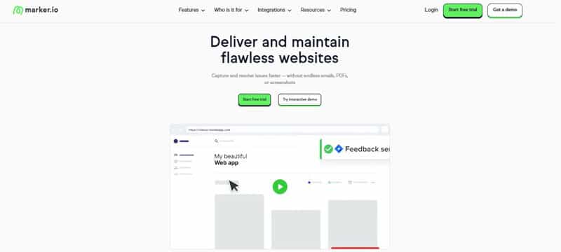 Marker.io client-side commenting system allowing users to capture feedback and maintain flawless websites with visual annotations