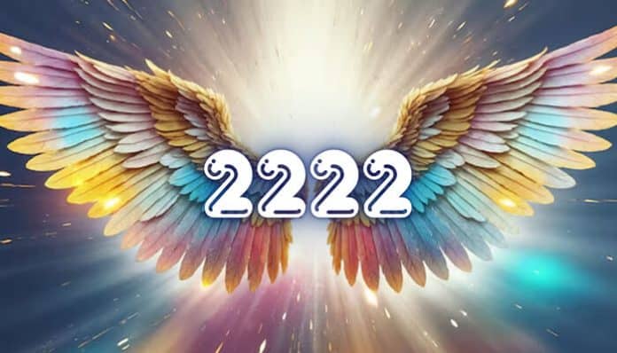 2222 angel number meaning illustrated with glowing angel wings and radiant light symbolizing balance, spiritual guidance, and divine alignment