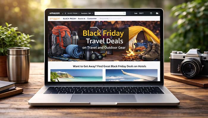 Amazon Black Friday Deals on Travel and Outdoor Gear - Startupeditor | Startup Editor Silver laptop displaying Amazon Black Friday Travel Deals with backpacks, trekking poles, and a camping tent
