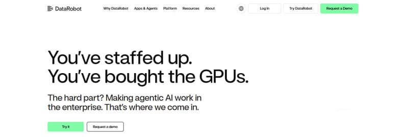 DataRobot website promoting AI-powered business intelligence tools designed to streamline analytics workflows and automate data-driven insights for faster decisions.