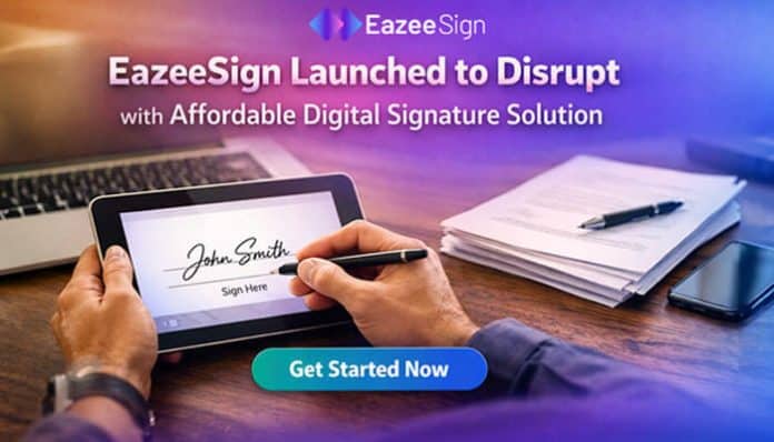 EazeeSign launched with an affordable digital signature solution, featuring a person signing a document on a tablet with the ‘Get Started Now’ button.