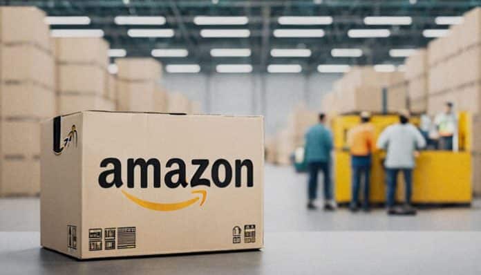 Amazon seasonal inventory management showing packaged products in an Amazon warehouse prepared for high-demand selling periods