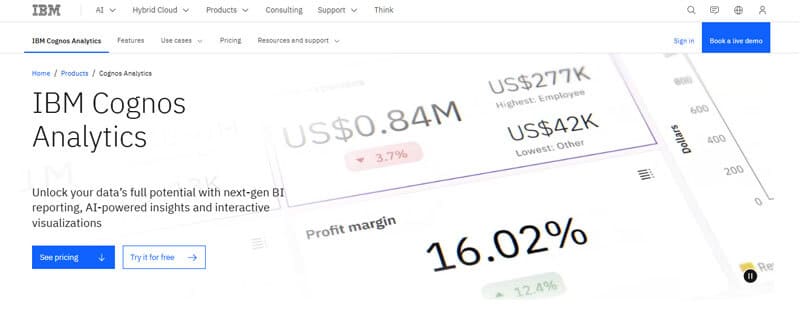 IBM Cognos Analytics dashboard utilizing business intelligence tools to transform business data into actionable insights with AI-powered reporting and visualization.