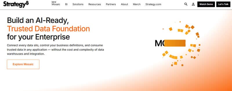 Strategy website featuring business intelligence tools to help build AI-ready, trusted data foundations for enterprises to manage data silos and optimize decisions.