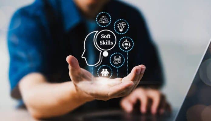 Soft Skills In Online Undergraduate Education illustrated through digital icons representing communication, teamwork, adaptability, and professional development.