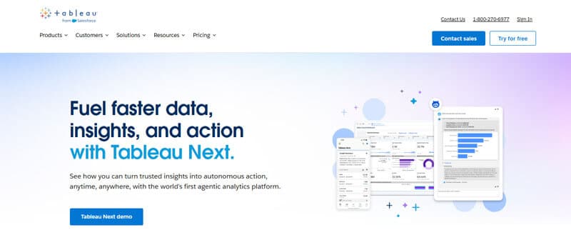 Tableau website showcasing business intelligence tools for faster data insights and analytics, emphasizing its powerful dashboard and autonomous action capabilities.
