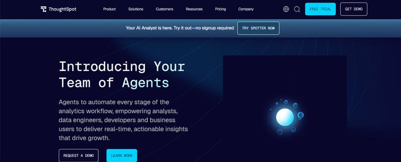 ThoughtSpot website introducing business intelligence tools with AI-driven agents to automate analytics workflows and provide real-time, actionable insights.