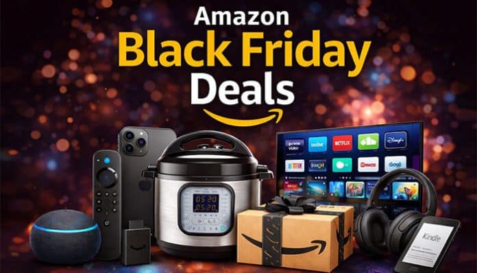 Amazon Black Friday Deals graphic with Echo Dot, Fire TV Stick, iPhone, Instant Pot, headphones, and Kindle against a bokeh background