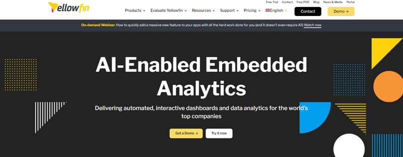Yellowfin platform offering AI-enabled embedded analytics and business intelligence tools to deliver interactive dashboards and data insights to top companies