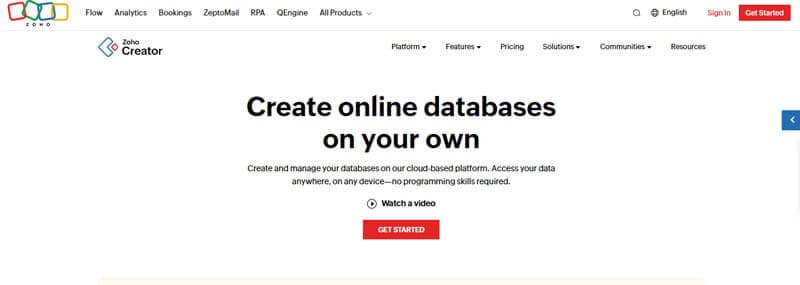 Zoho Creator platform showing how business intelligence tools can help businesses create online databases and access data seamlessly, enhancing business decisions.