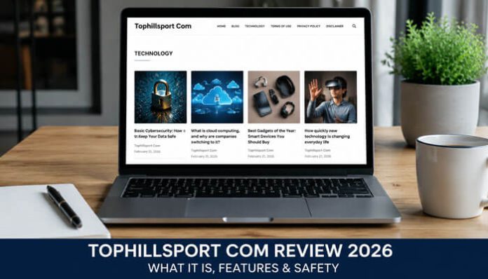 Laptop screen displaying the “tophillsport com” website review interface with technology-focused articles, representing a 2026 analysis of the platform’s content structure, features, and safety evaluation in a modern digital workspace setup.