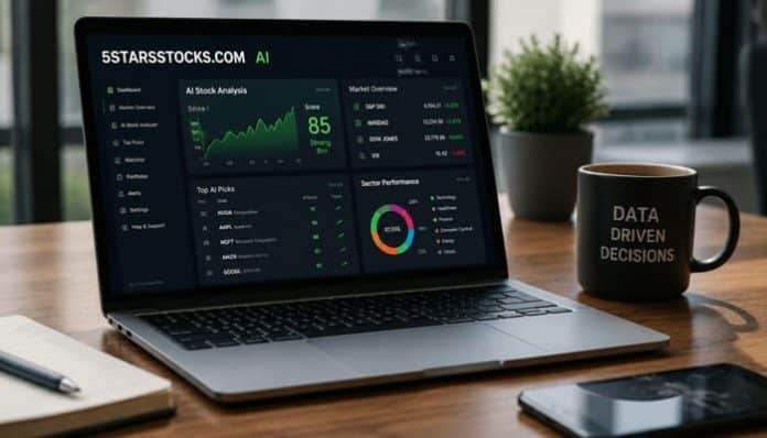 Laptop displaying a stock analysis dashboard on a dark screen; a mug reading 'DATA DRIVEN DECISIONS' sits on a desk next to a plant, notebook, and smartphone.