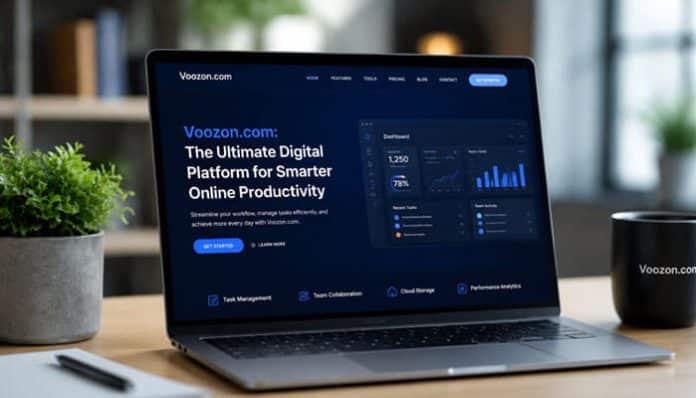 Laptop displaying the Voozon.com digital productivity platform with task management, team collaboration, cloud storage and performance analytics features.