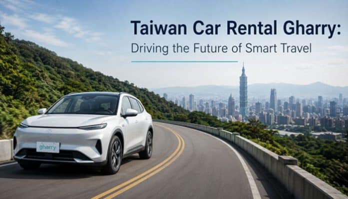 Promotional image of a white SUV on a winding mountain road overlooking Taipei, with the headline 'Taiwan Car Rental Gharry: Driving the Future of Smart Travel'.