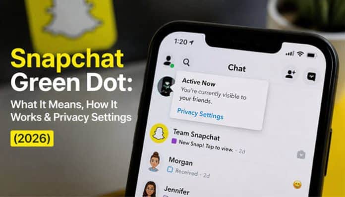 Smartphone screen displaying Snapchat chat interface with an “Active Now” status pop-up explaining visibility and privacy settings, illustrating The Green Dot on Snapchat as a real-time online activity indicator that shows when a user is currently active or recently online, reflecting Snapchat’s presence-based engagement system, user status tracking, and privacy control features in modern social media communication.