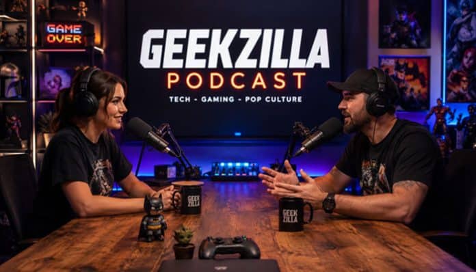 Geekzilla Podcast recording session featuring two hosts discussing tech, gaming, and pop culture in a professional studio setup, showcasing high-quality microphones, streaming equipment, and branded Geekzilla visuals, representing a modern digital media podcast platform focused on entertainment, gaming discussions, and technology insights under the Geekzilla Podcast brand.